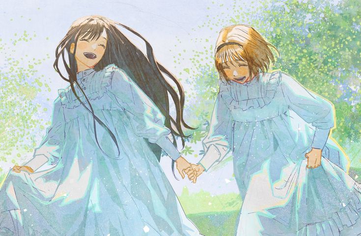 two girls in blue dresses holding hands and walking through the grass with trees behind them