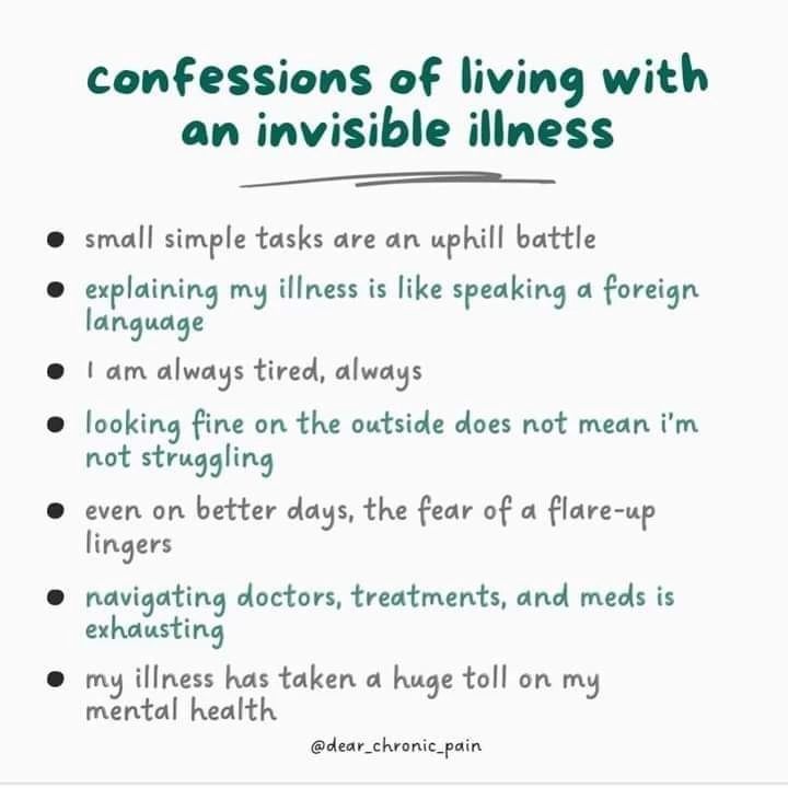 Add your own confession of living with an invisible illness!! @dear_chronic_pain #invisibleillness Chronically Ill Quotes, Chronic Illness Motivation, Chronic Illness Journal, Hidden Illness, Transverse Myelitis, Pots Awareness, Living With Chronic Pain, Living With Chronic Illness, Chronic Pain Awareness