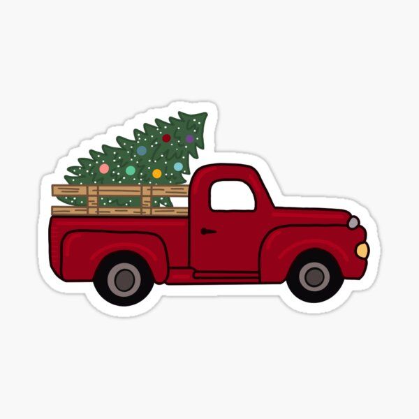 a red truck with a christmas tree in the bed sticker on it's side