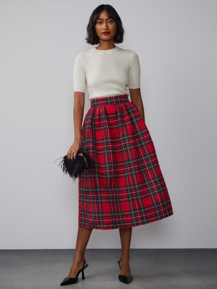 Tartan Pleated Midi Skirt | New York & Company Scottish Skirt Outfit, Plaid Pleated Skirt Outfit, Tartan Skirt Outfit, Tartan Midi Skirt, Plaid Skirt Outfit, Red Plaid Skirt, Tartan Skirt, Plaid Outfits, Midi Skirts