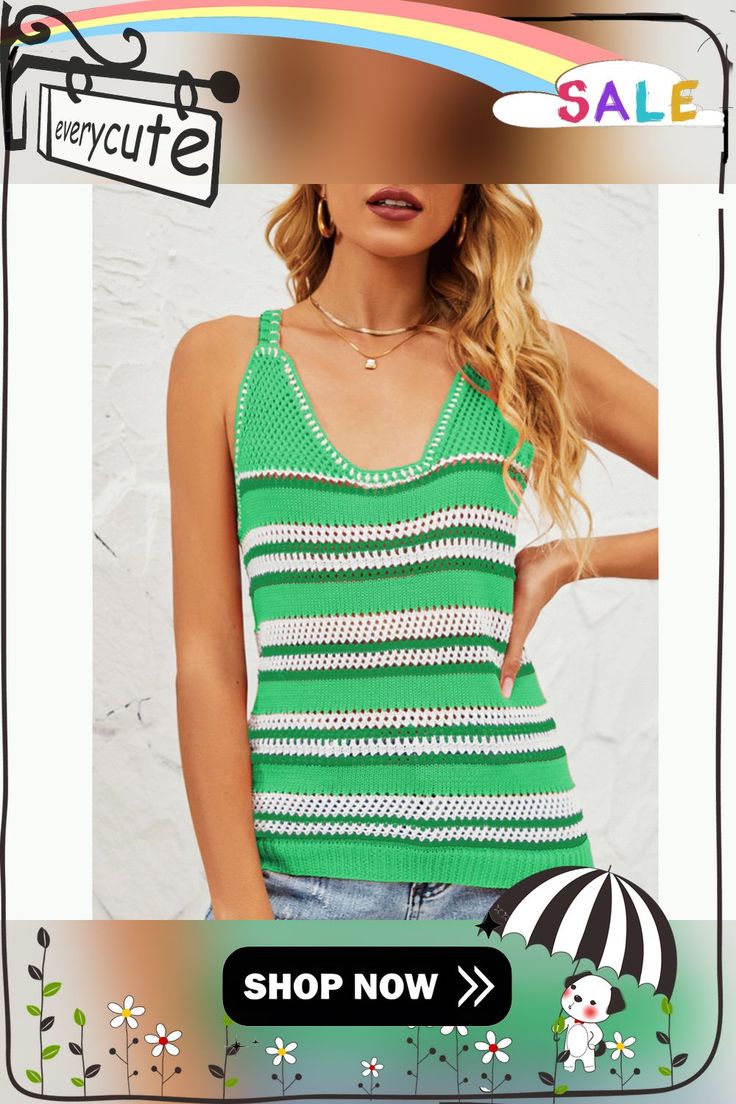 Green Stripe Knit V Neck Vest Beach Green Knit Tops, Green Knitted Beach Sweater, Summer Ribbed Knit Sweater, Green Open Knit Tops, Green Knit Beach Top, Spring Vacation Knit Sweater Vest, Green Knit Top For Spring, Spring Green Knit Top, Green Knit Sweater For Day Out