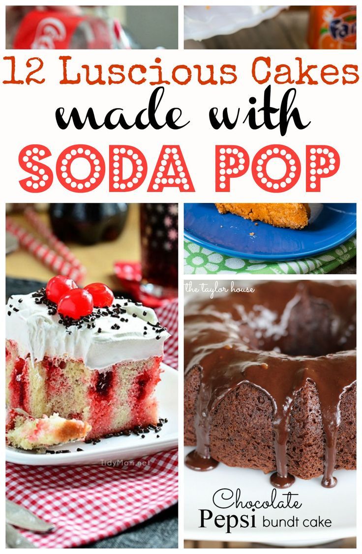 various cakes made with soda pop are featured in this collage, including chocolate cake and ice cream