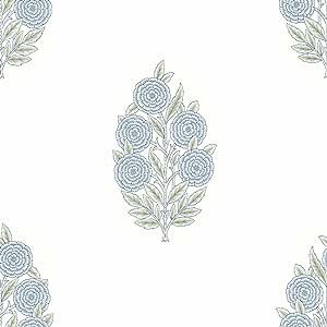 a white wallpaper with blue flowers on it