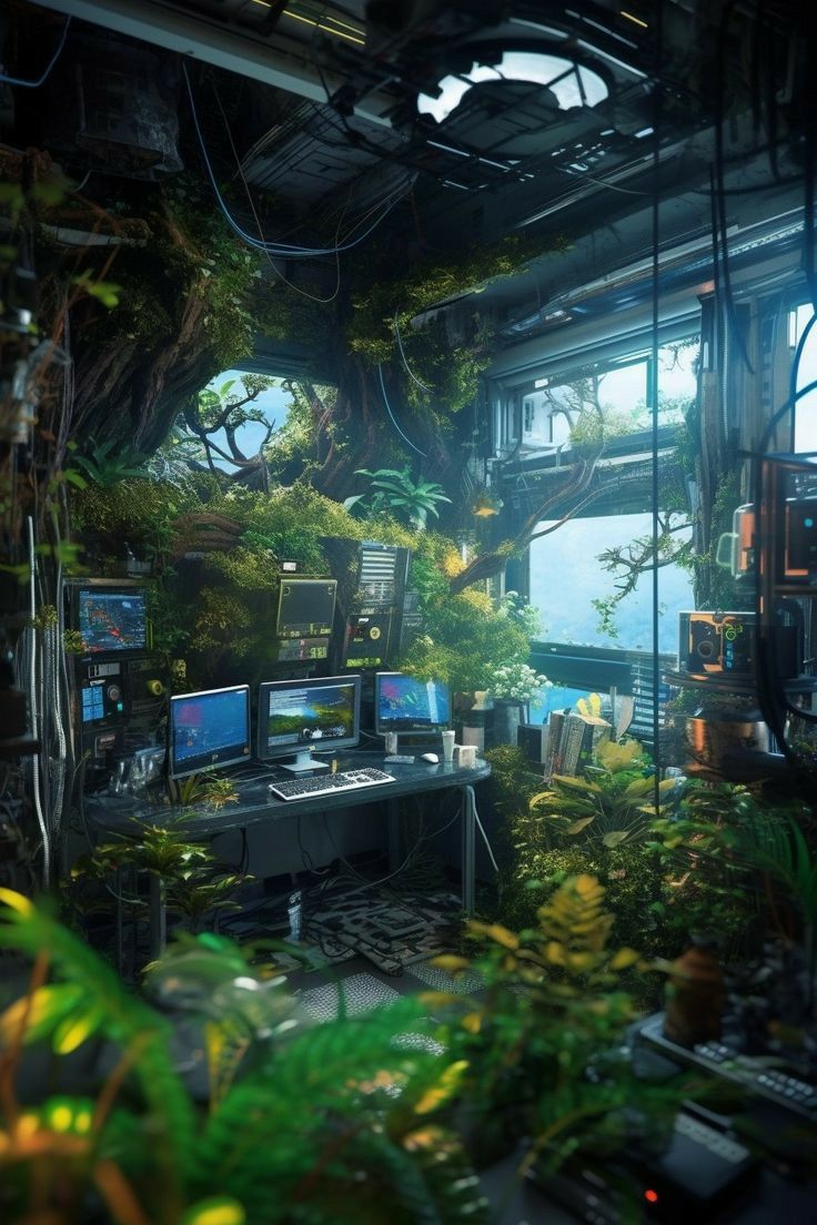 a computer desk surrounded by plants in a room filled with windows and lots of greenery