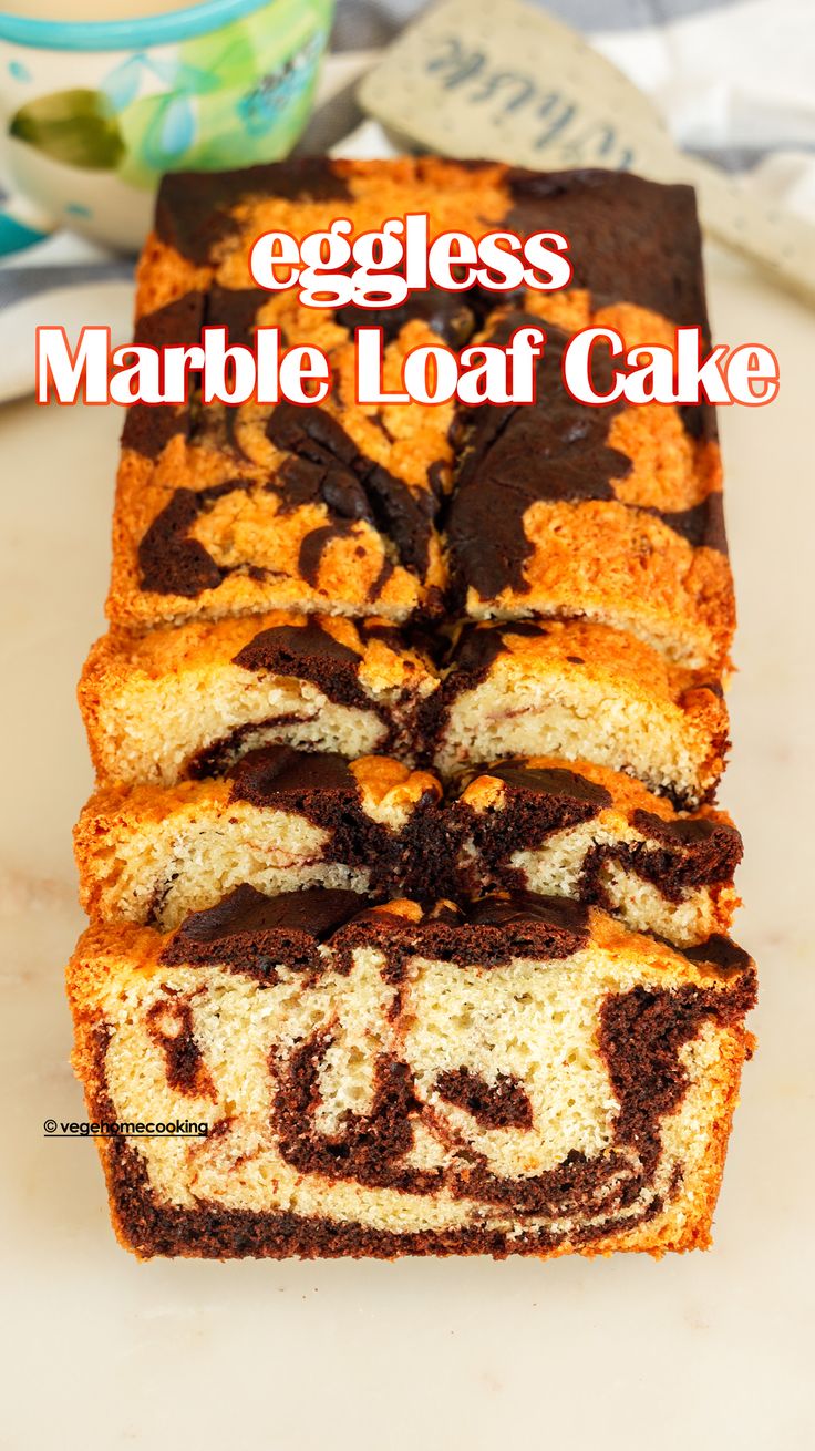 marble loaf cake on a plate with the words eggless marble loaf cake above it