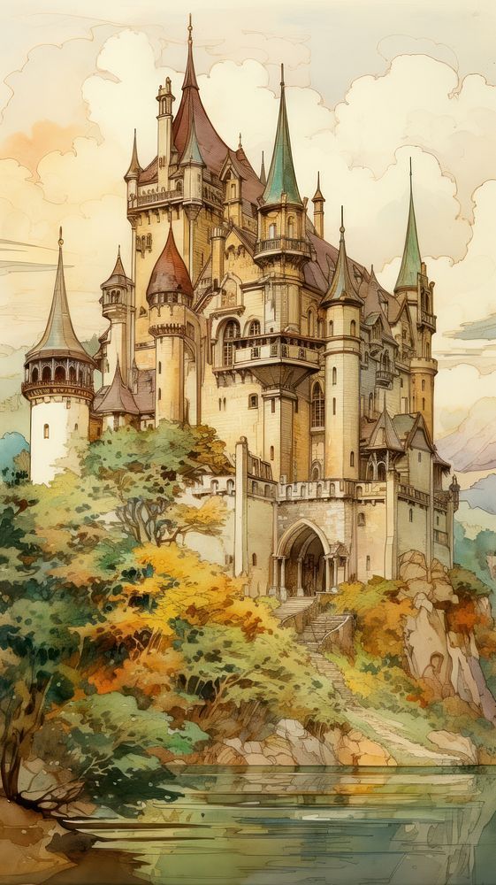 a painting of a castle on top of a hill