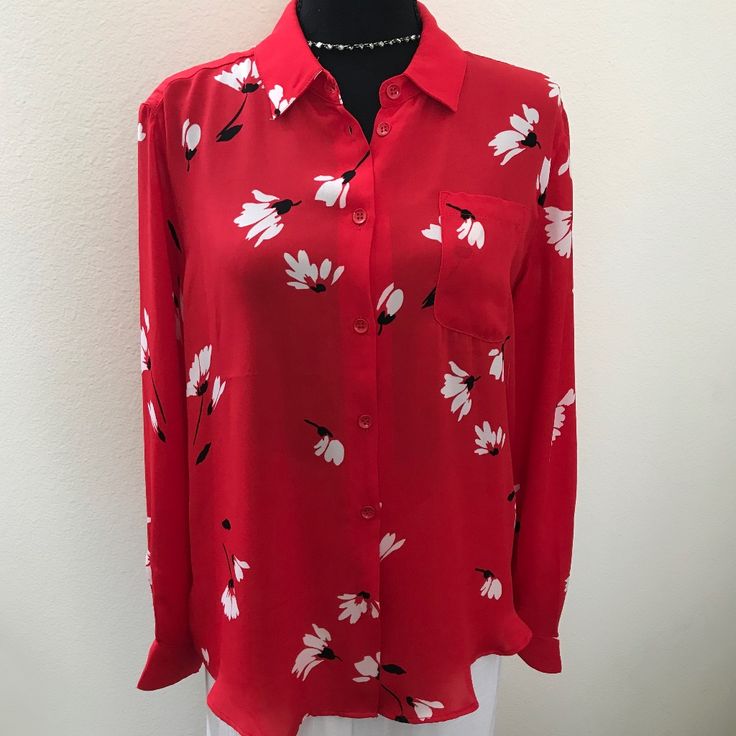 Beautiful Red Blouse With Floral Design. Collar With Button Down Long Sleeves. High Low Cut..Great With Leggings. Fabric 100% Polyester. Size Medium. New W/Tags Red Trendy Blouse With Button Closure, Red Button-up Blouse For Work, Red Button-up Workwear Blouse, Trendy Red Blouse With Buttons, Red Workwear Blouse With Button Closure, Trendy Red Shirt For Spring, Chic Red Blouse With Buttons, Chic Red Button-up Shirt, Chic Red Shirt With Buttons