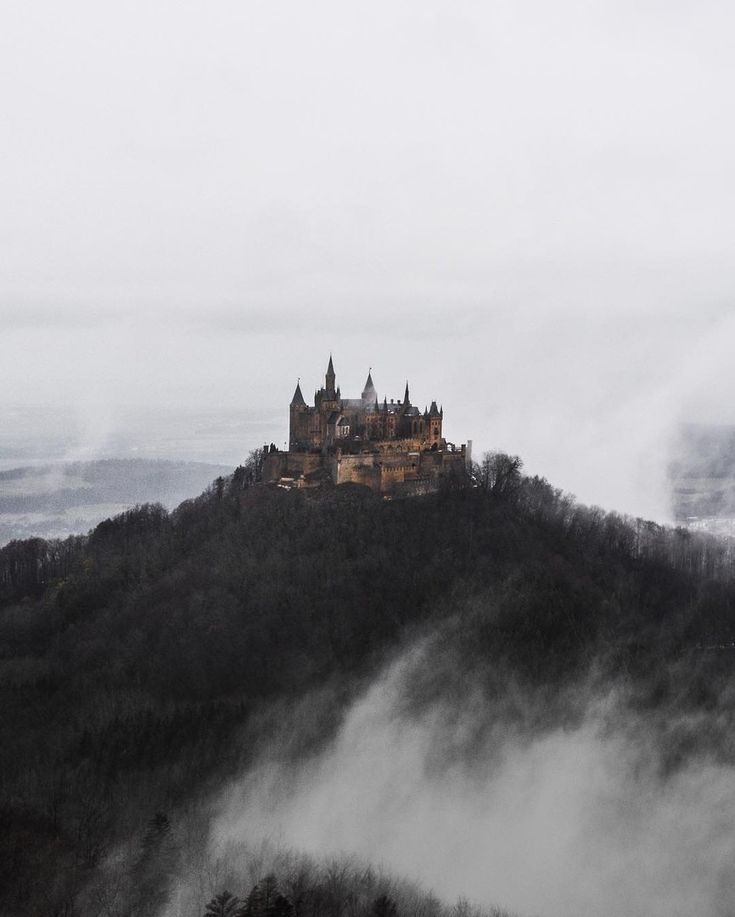 a castle sitting on top of a hill covered in fog