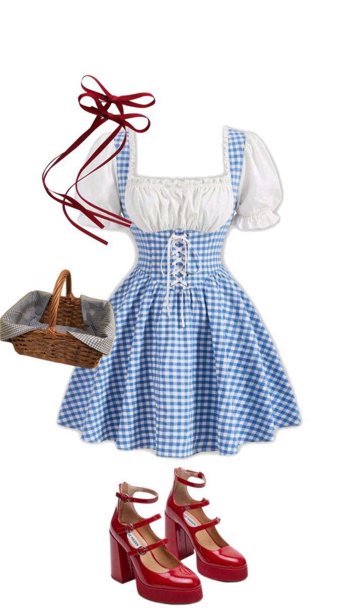 a blue and white dress with red shoes on the bottom is next to a basket