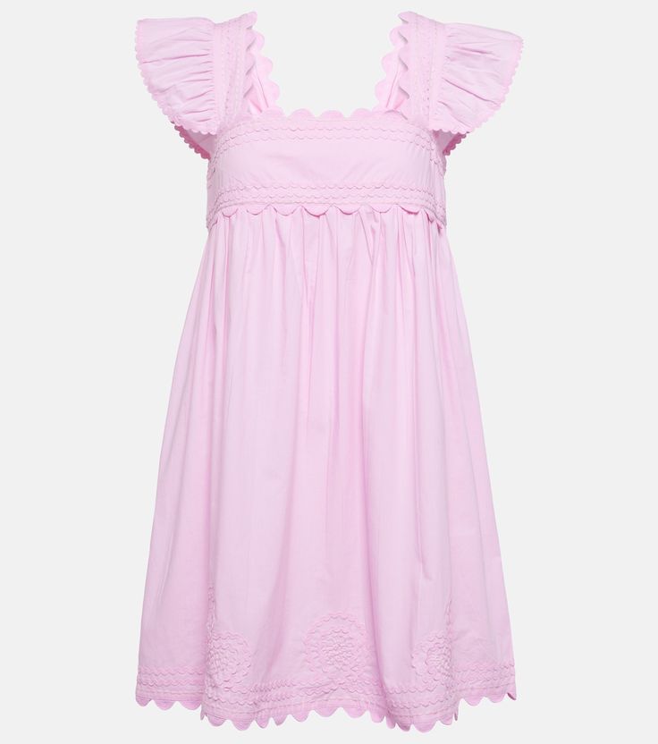 Embroidered cotton minidress in pink - Juliet Dunn | Mytheresa Spring Cotton Mini Dress, Feminine Cotton Mini Dress With Ruffles, Cotton Mini Dress For Daywear, Fitted Cotton Broderie Anglaise Dress, Cotton Mini Dress With Ruffles, Cotton Mini Dress With Lace Trim And Square Neck, Cotton Knee-length Dress With Lace Trim, Knee-length Cotton Dress With Lace Trim, Feminine Embroidered Cotton Dresses