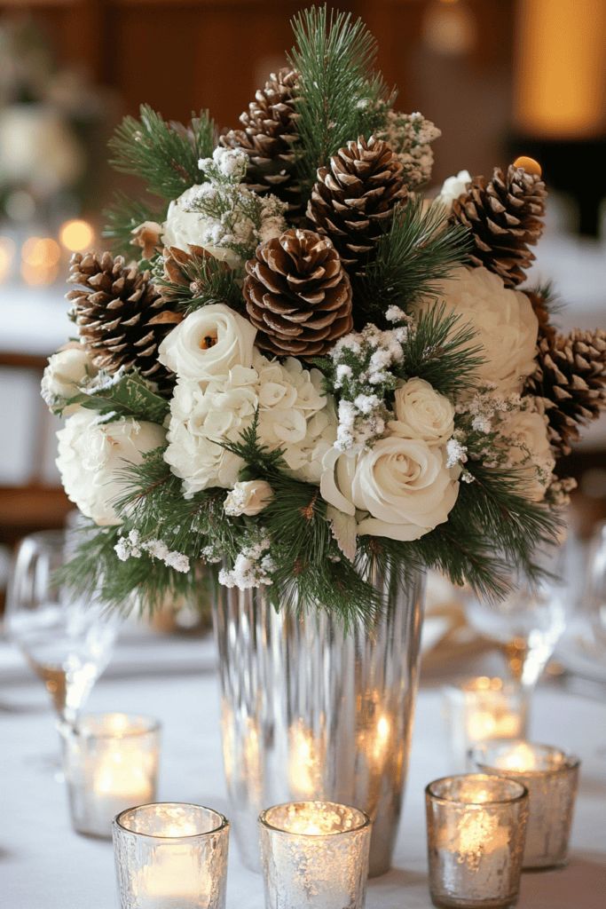 a vase filled with flowers and pine cones on top of a table next to candles