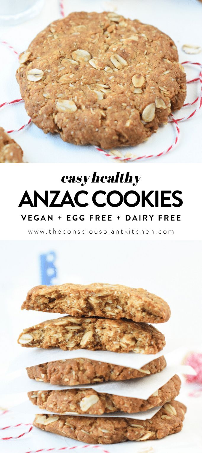 an egg free and dairy - free cookie is shown with the words easy healthy anzac cookies