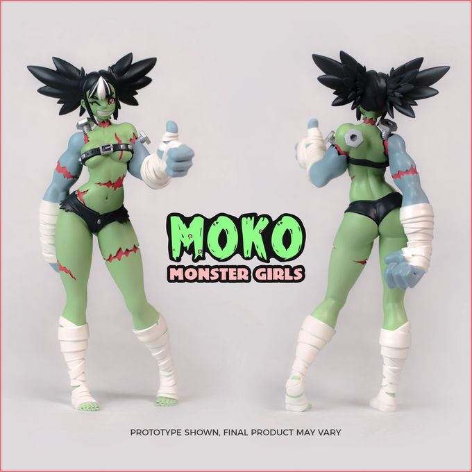 two action figures are posed in front of a white background with the words moko monster girls on it