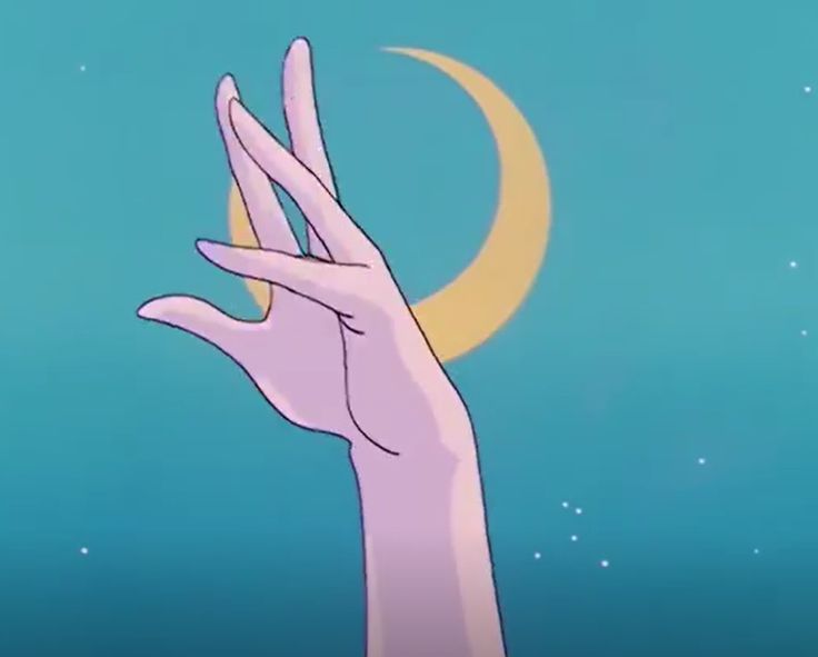 a cartoon hand reaching up to the sky with a crescent moon in the back ground