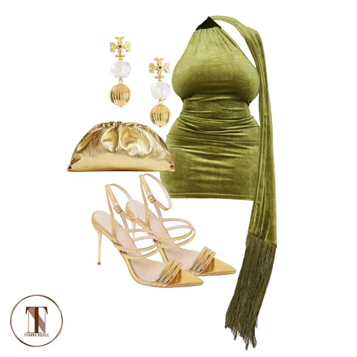 Green Dress Gold Heels Outfit, Green Dress Outfit Black Women, Green Dress Black Heels, Gold Heels Outfit Black Women, Green Dress With Gold Accessories, Green Dress Gold Shoes, Gold And Green Outfit, Black Dress Gold Heels, Green And Gold Heels