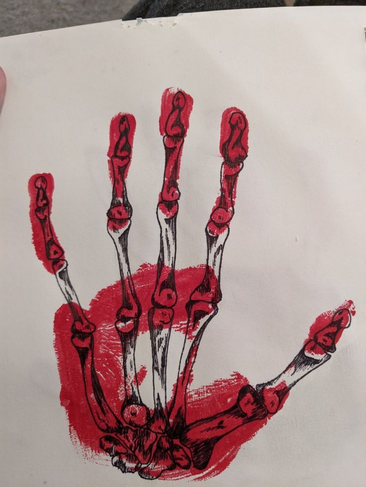 a drawing of a hand with red paint on it