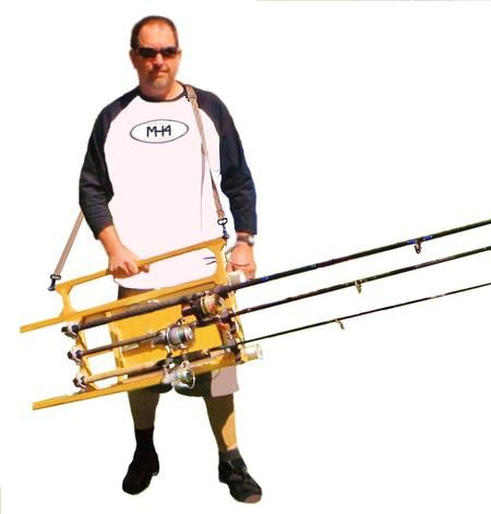 a man is holding two fishing rods