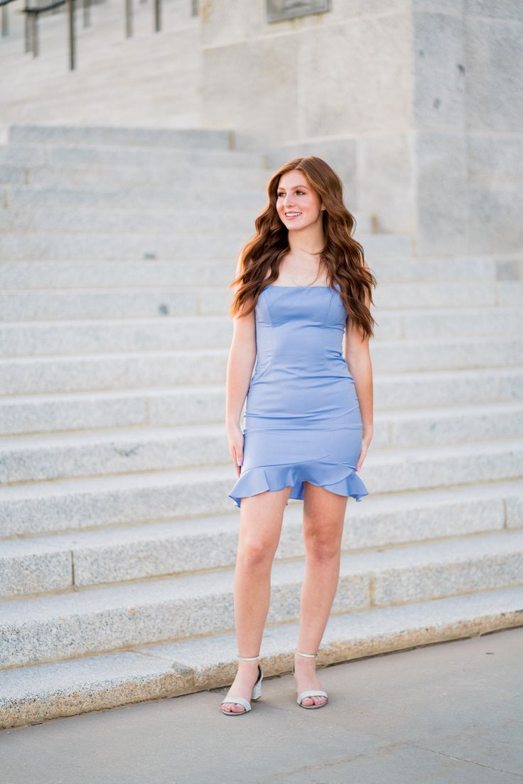 A model in a simple fitted dress features spaghetti straps and a lace-up back with ruffle hemline. Simple Fitted Dress, Hoco Dress, Neutral Shoes, Hoco Dresses, Glam Fashion, Dream Dress, Preppy Style, Fitted Dress, 90s Fashion