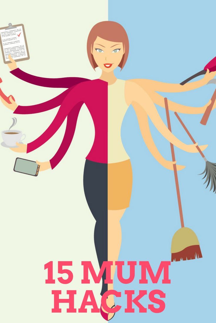 the woman is holding brooms and cleaning up her hands with text that reads 15 mum hacks