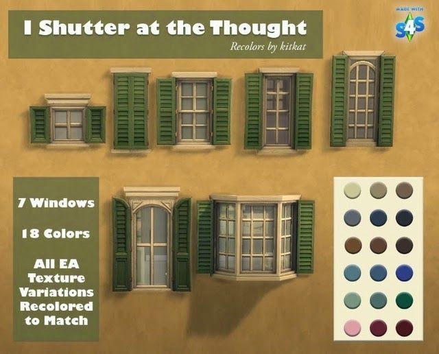 there are many windows with green shutters on the side of this building, and one window has six different colors to choose from