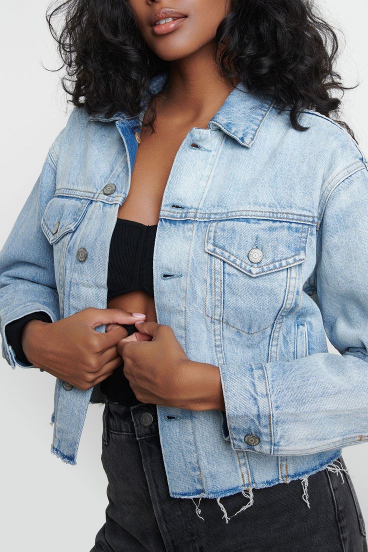 Born to be Wild. The Harvey returns this Spring in our new light indigo wash "She's All That". This casual raw hemmed denim jacket is rigid and cropped making it a staple for all your outfits. This jacket includes GRS certified recycled cotton reducing its carbon footprint and reducing water. High-point-shoulder: 20 1/2"Sweep: 41"