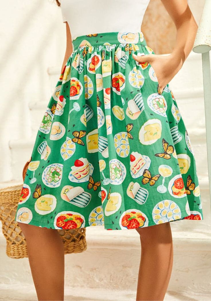 More Than Charming | ModCloth Summer Fields, Happy Clothes, Art Fairs, Cotton Poplin Fabric, Printed Midi Skirt, Sweet Summer, Green Print, Poplin Fabric, Cinched Waist