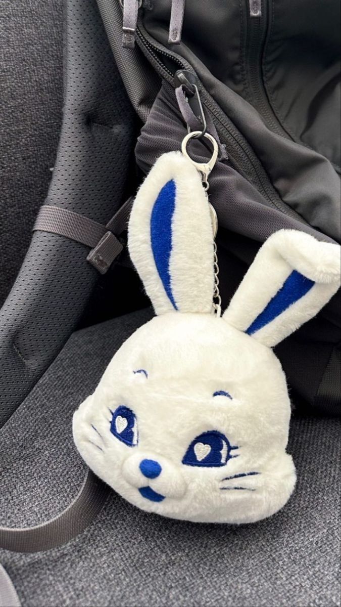 a stuffed rabbit is sitting in the back of a backpack with a key chain hanging from it's side