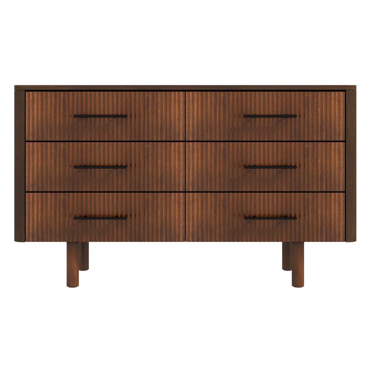 a wooden dresser with four drawers and three legs