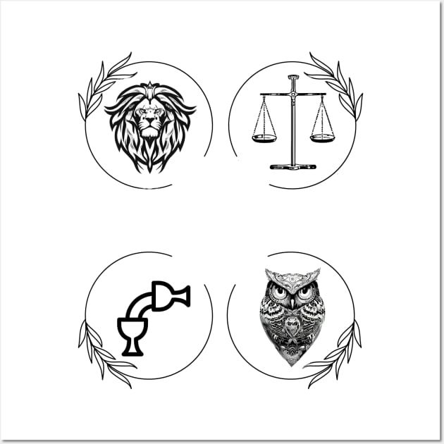 four different logos with an owl, lion and cross in the middle one is black and white