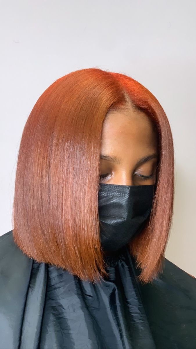 Ginger Hair Black Women Natural Silk Press, Ginger Long Bob Black Women, Ginger Bob Natural Hair, Ginger Relaxed Hair, Copper Hair Silk Press, Silk Press With Ginger Color, Ginger Hair Black Women Natural Straight, Ginger Silk Press Natural Hair Short, Ginger Brown Silk Press