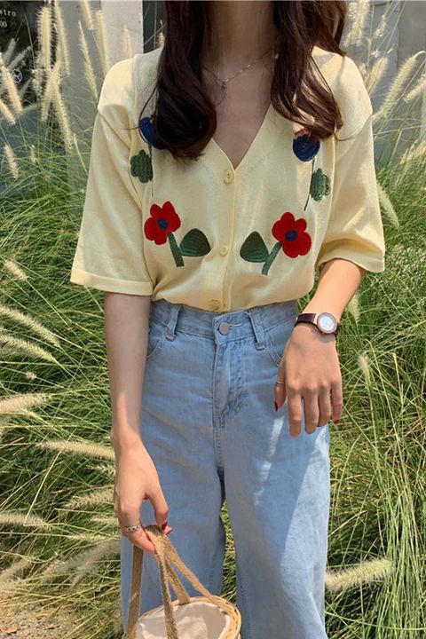 Sweet V-Neck Flowers Embroidered Shirts – Nada Outfit Land Casual V-neck Shirt With Floral Embroidery, Casual Embroidered Collared Tops, Summer Yellow Embroidered Shirt, Trendy Embroidered V-neck Tops, Casual V-neck T-shirt With Floral Embroidery, Casual Yellow Top With Floral Embroidery, Casual Yellow Embroidered Tops, Abba Tattoo, Thrift Inspo