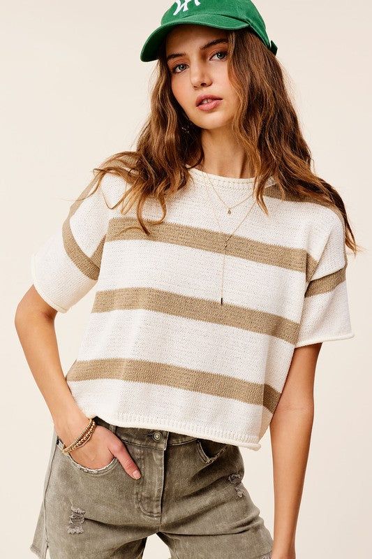 Sweater Short Sleeve, Short Sleeved Sweaters, China Fashion, Sheer Fabrics, Sweater And Shorts, Striped Knit, Striped Shorts, Stripe Sweater, Short Sleeve Top