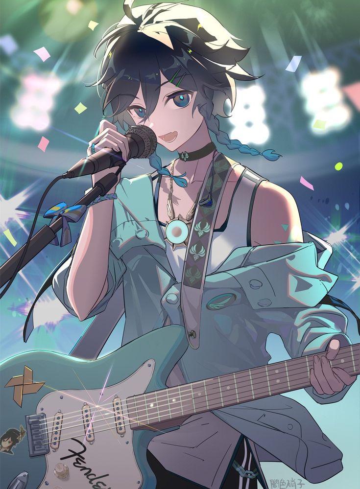 an anime character holding a guitar and singing into a microphone