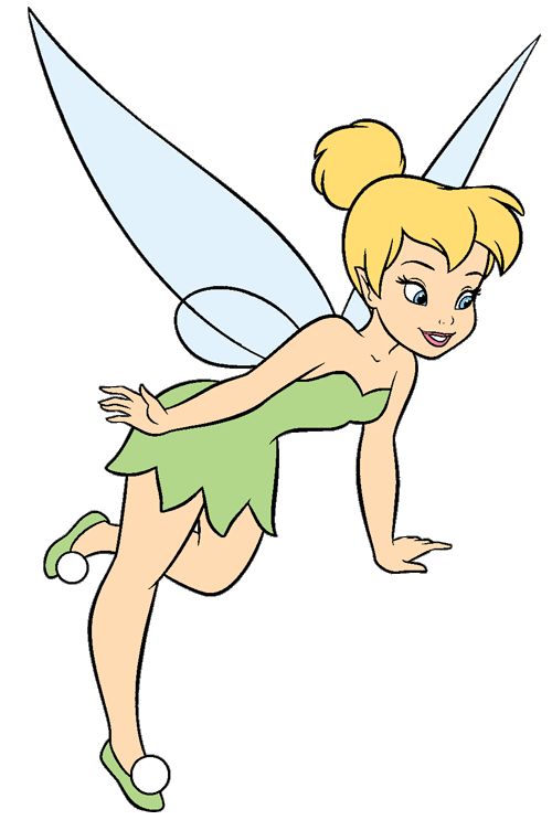 the tinkerbell fairy is flying through the air with her legs spread out and one leg