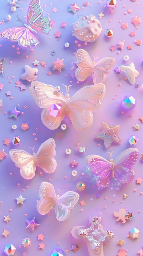 colorful butterflies and stars are flying through the air on a purple background with pastel hues