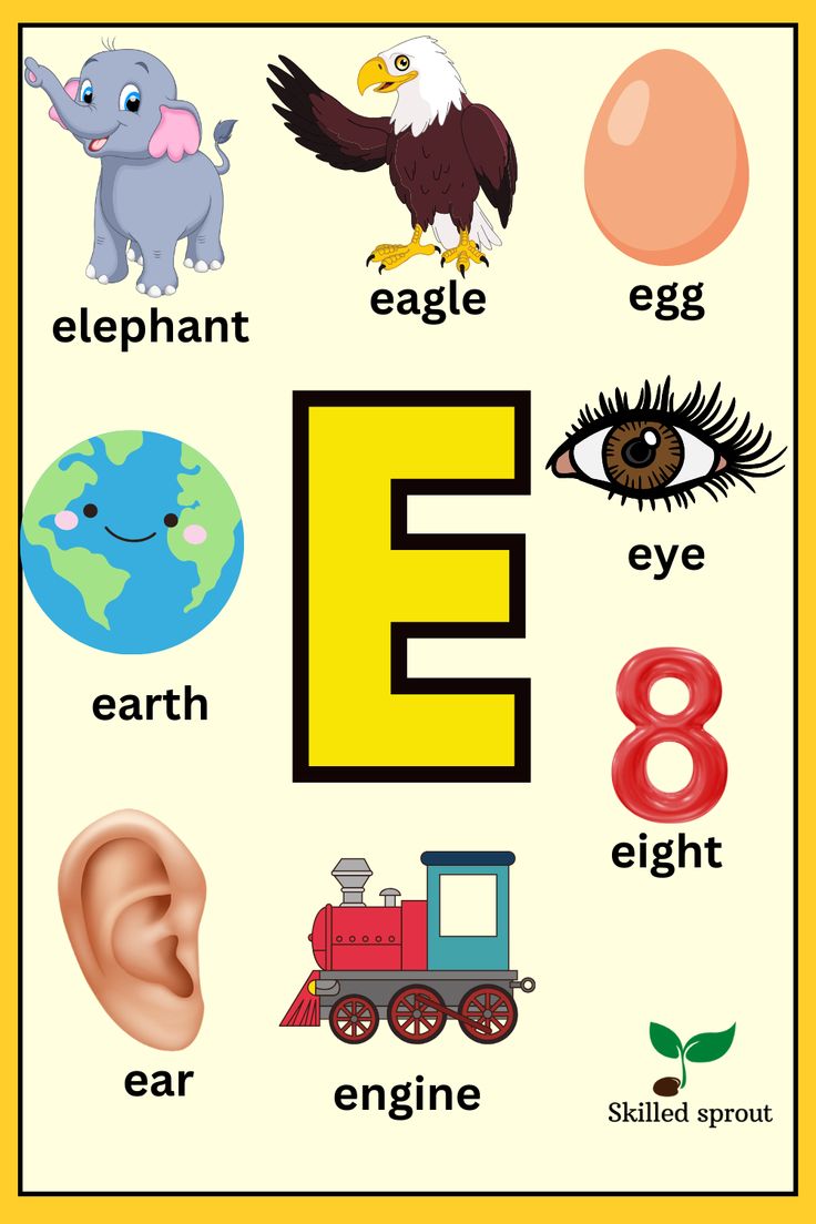 the letter e is for elephant, eagle, earth, eye, ear, and an egg