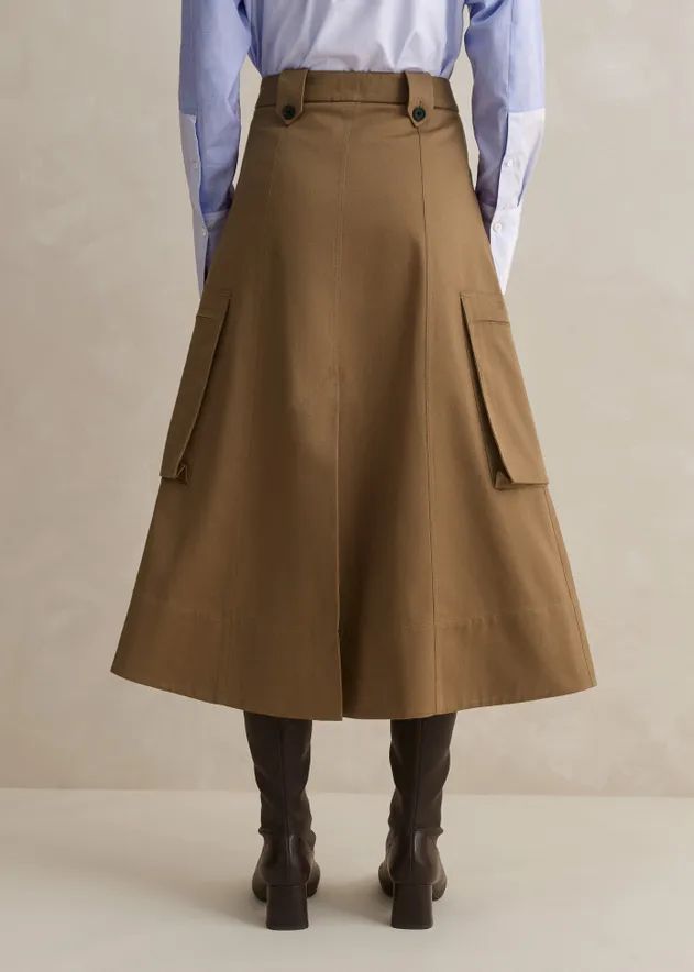 Cotton Utility Midi Skirt Tan Fall Cargo Skirt With Pockets, Winter Office Skirt With Pockets, Cotton Cargo Skirt For Fall, Winter Workwear Skirt With Pockets, Casual Cargo Skirt For Fall Workwear, Winter Workwear Skirt, Chic Workwear Cargo Midi Skirt, Fall Workwear Skirt, Chic Midi Cargo Skirt For Work