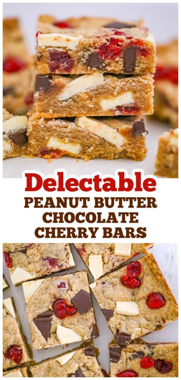 several different types of dessert bars stacked on top of each other with the words delectable peanut butter chocolate cherry bars