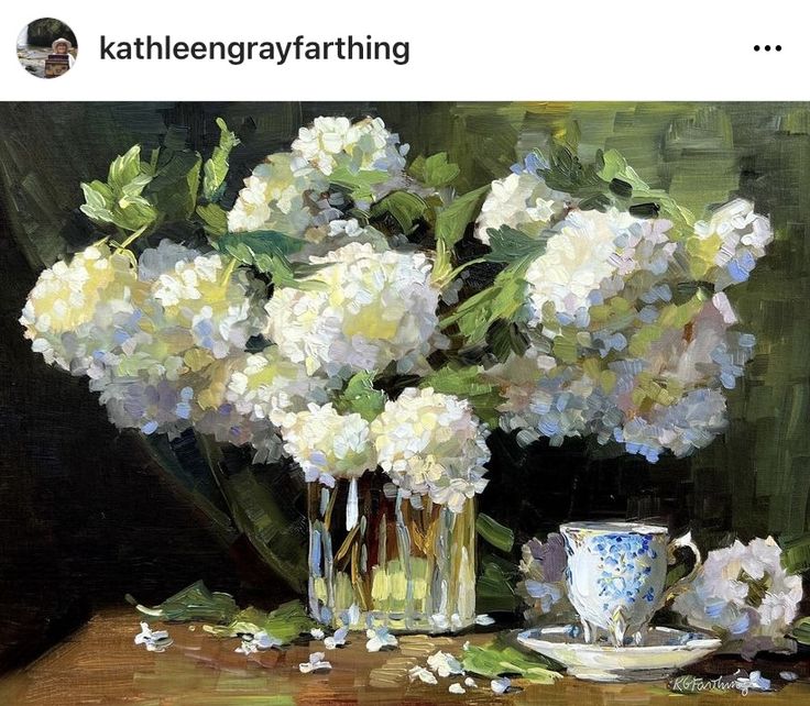 a painting of white flowers in vases on a table with a teacup and saucer