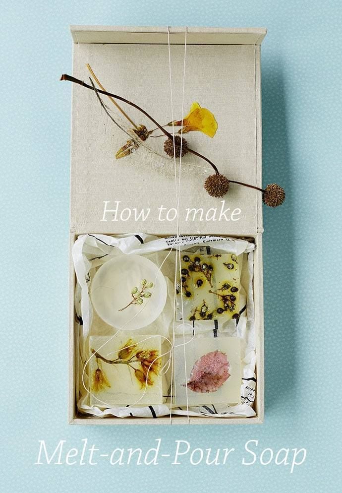 an open box that has some flowers in it and the words, how to make melt - and - pour soap