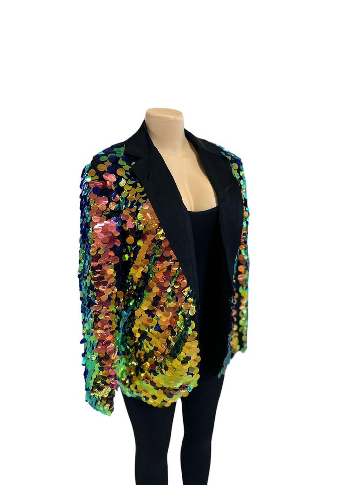 Party Coat/Jacket with multicolored sequins for women's, Made for occasions to stand out, Fashionable  look Multicolor Blazer For Formal Fall Occasions, Fitted Contrast Sequin Outerwear For Fall, Fall Fitted Outerwear With Contrast Sequin, Spring Party Outerwear With Sequins, Fitted Outerwear With Contrast Sequin For Party Season, Spring Outerwear With Sequins For Night Out, Multicolor Formal Outerwear For Fall, Party Season Outerwear With Contrast Sequin, Fitted Disco Outerwear With Sequins