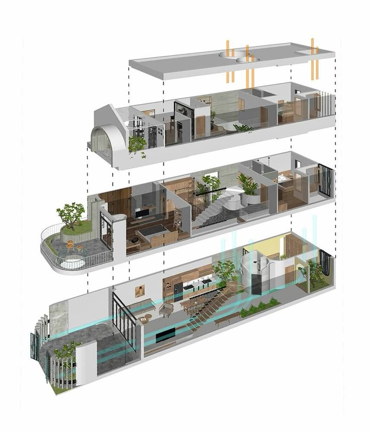 three sections of a house with different rooms