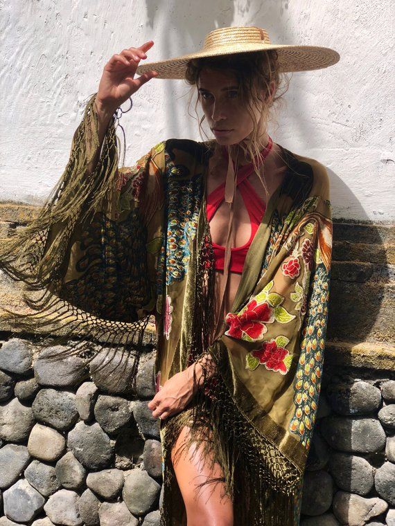 Swimsuit Cover Up Boho Fringe Kimono Boho Festival Kimono | Etsy Bride Kimono, Festival Kimono, Silk Bridesmaid Robes, Silk Robe Long, Robe Silk, Kimono Beach, Kimono Boho, Fringe Kimono, Velvet Kimono