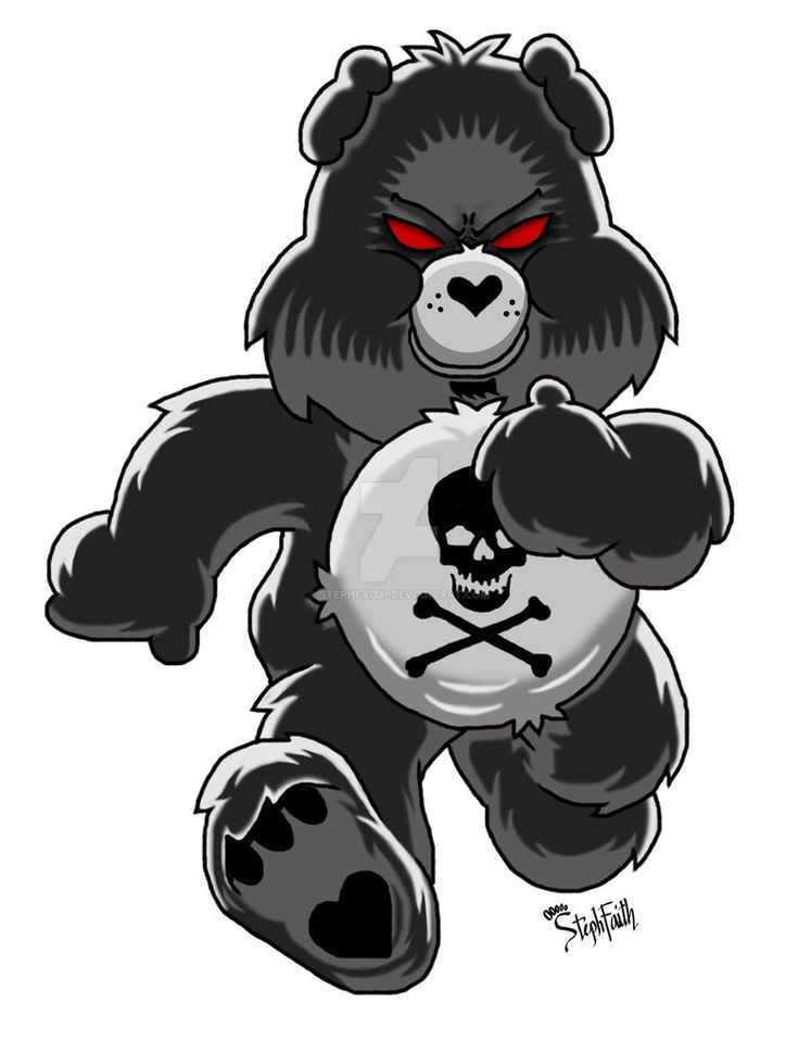 a black bear with red eyes and a skull on it's chest is running