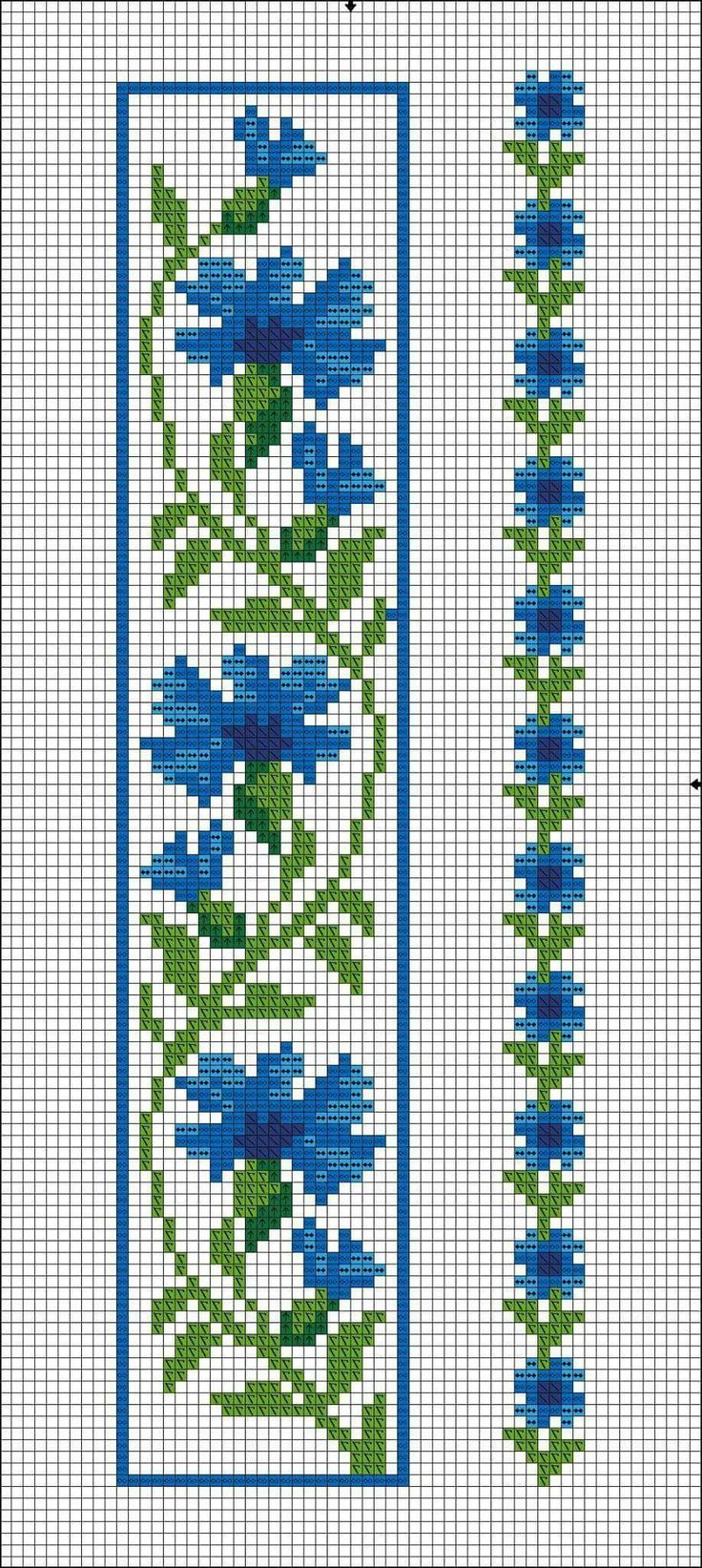 two cross stitch borders with blue flowers and green leaves on the border, one is made from