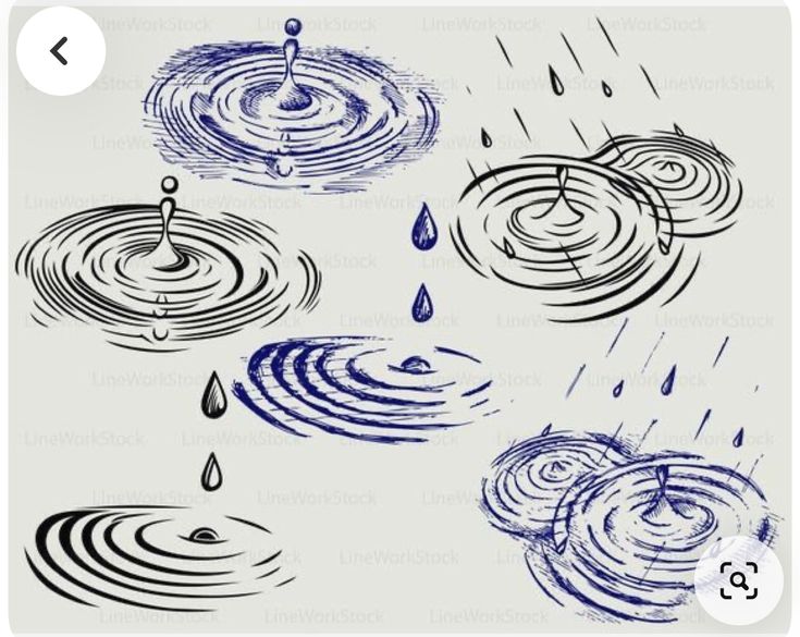 several different types of rain drops falling into the water and then being drawn on paper