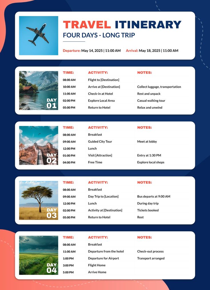 the travel itinerary flyer is shown in blue and pink colors, with an airplane flying