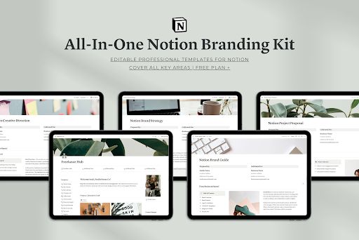 the all - in - one notion branding kit is displayed on multiple devices, including laptops and tablets