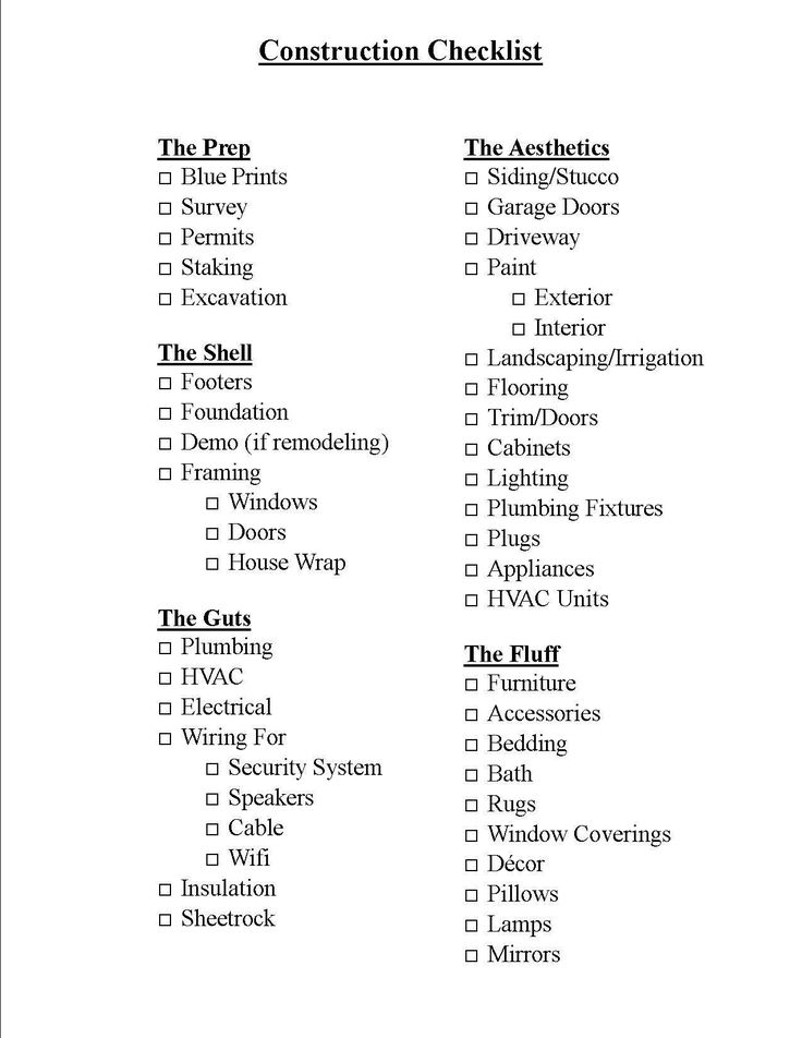 the construction checklist is shown in black and white