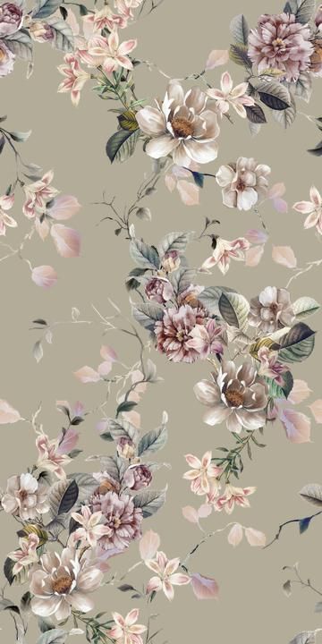 a floral wallpaper with pink flowers and green leaves on a light gray background,